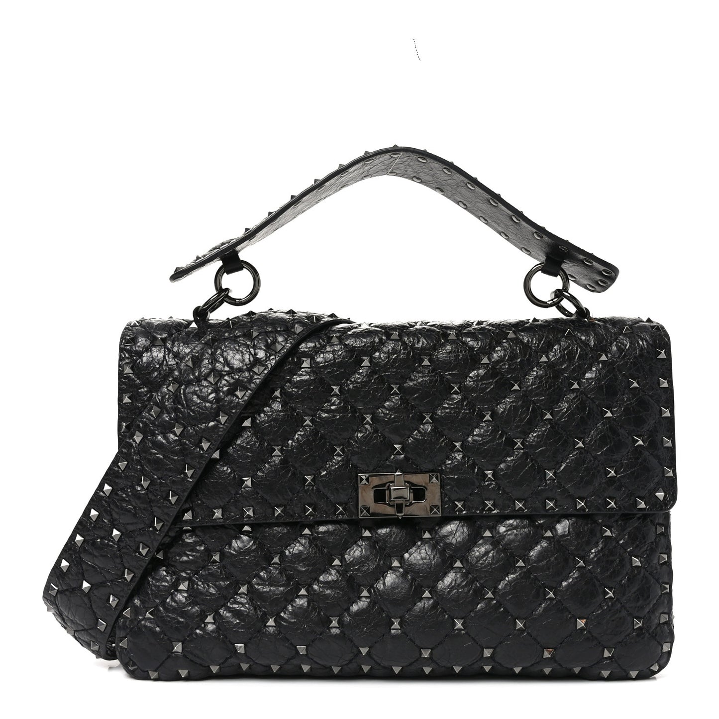 Craquele Nappa Large Rockstud Spike Shoulder Bag Black