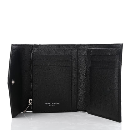 Saint Laurent Grain De Poudre Matelasse Chevron Monogram Compact Tri Fold Wallet Black 5 of 7