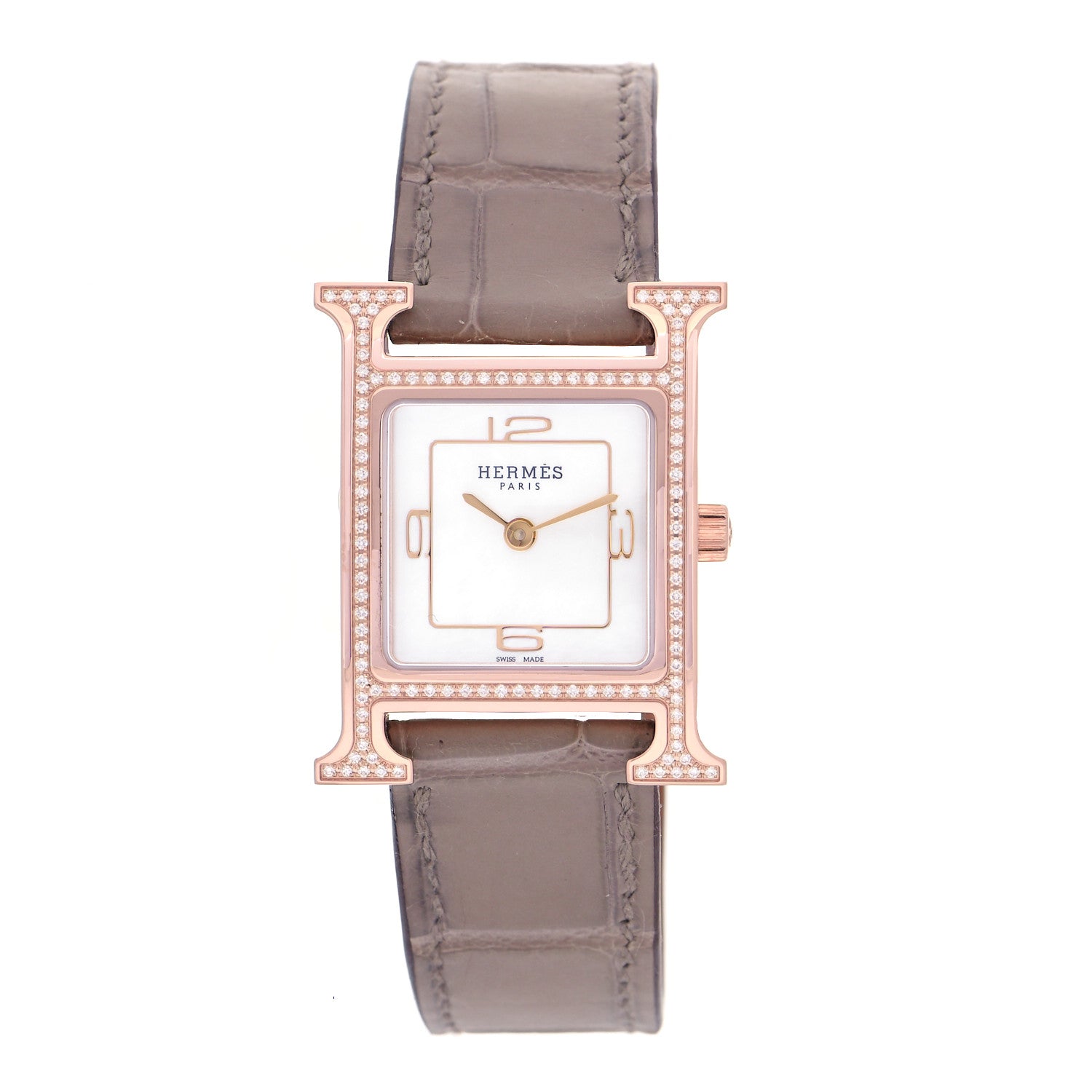 Hermes 18K Rose Gold Alligator Diamond Bezel Mother of Pearl 21mm Heure H Hour Quartz Watch Etoupe 1 of 5