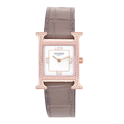 Hermes 18K Rose Gold Alligator Diamond Bezel Mother of Pearl 21mm Heure H Hour Quartz Watch Etoupe 1 of 5
