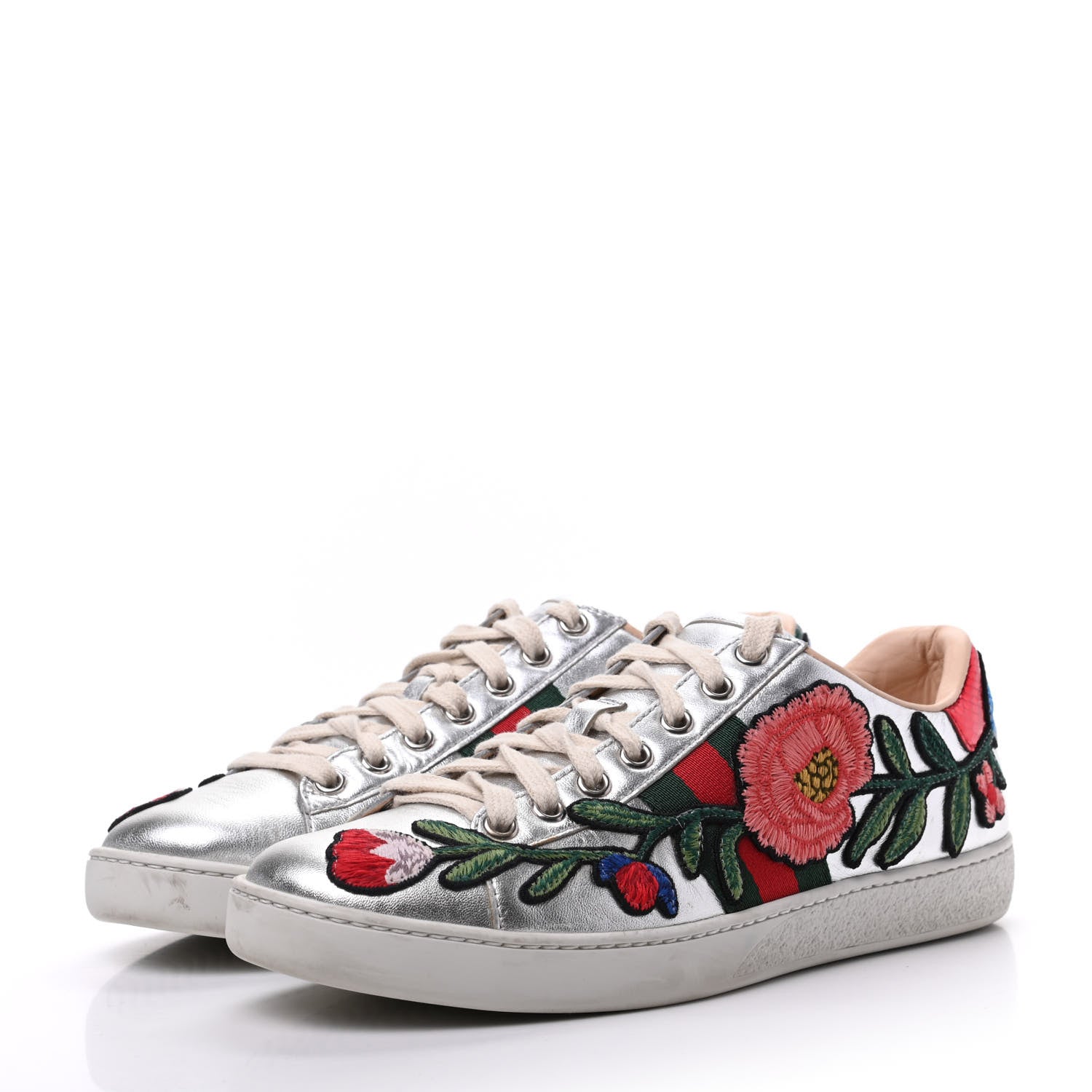 Gucci Metallic Calfskin Floral Embroidered Ace Sneakers 37 Silver 3 of 19