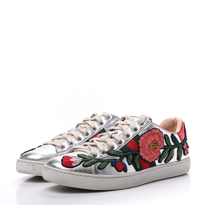 Gucci Metallic Calfskin Floral Embroidered Ace Sneakers 37 Silver 3 of 19