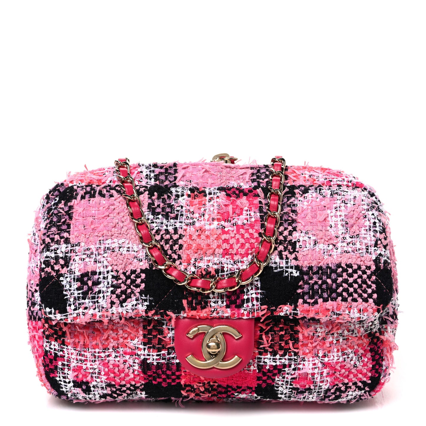 Tweed Sequins CC Logo Coco Beach Convertible Flap Tote Pink Multicolor