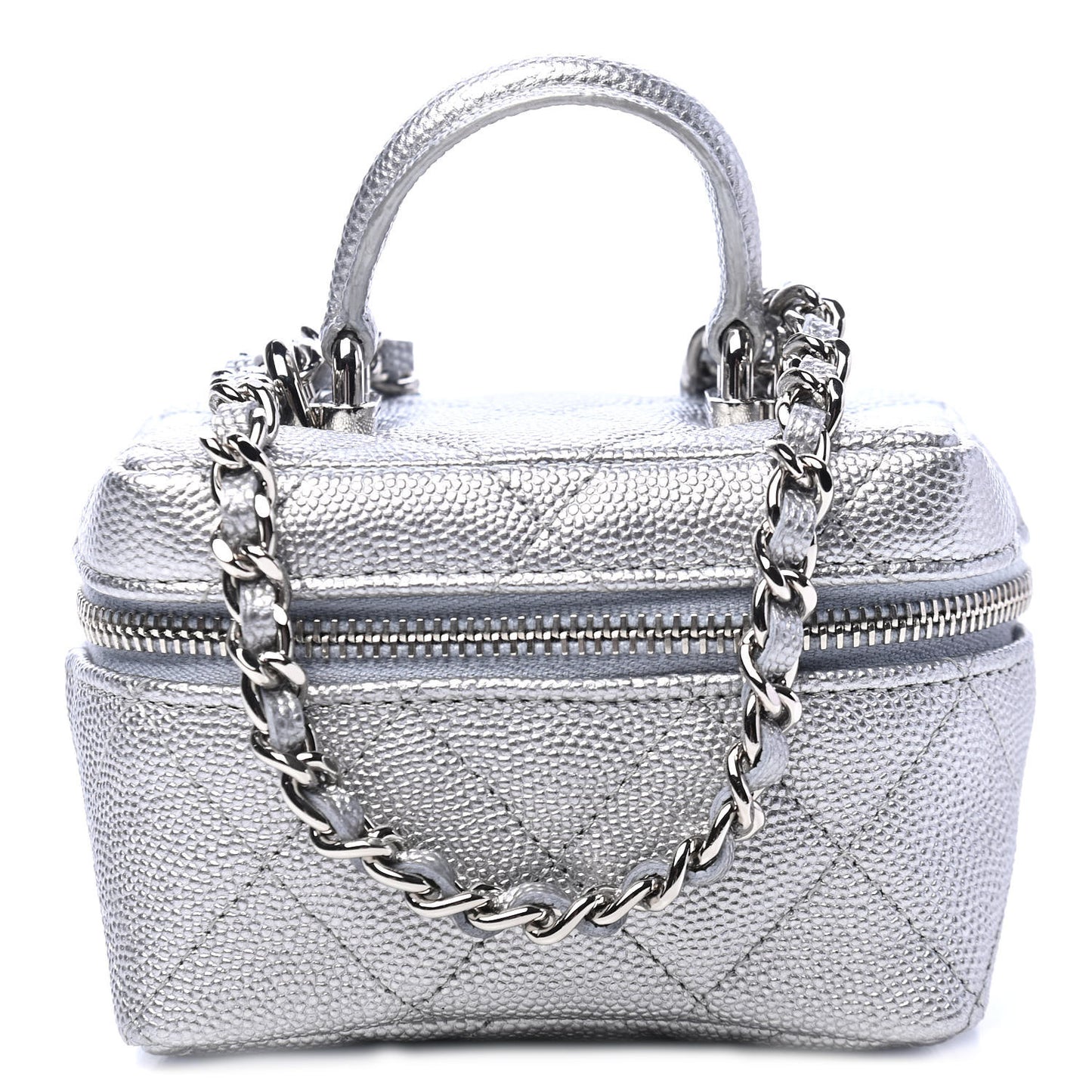Metallic Caviar Quilted Mini Top Handle Vanity With Chain Silver