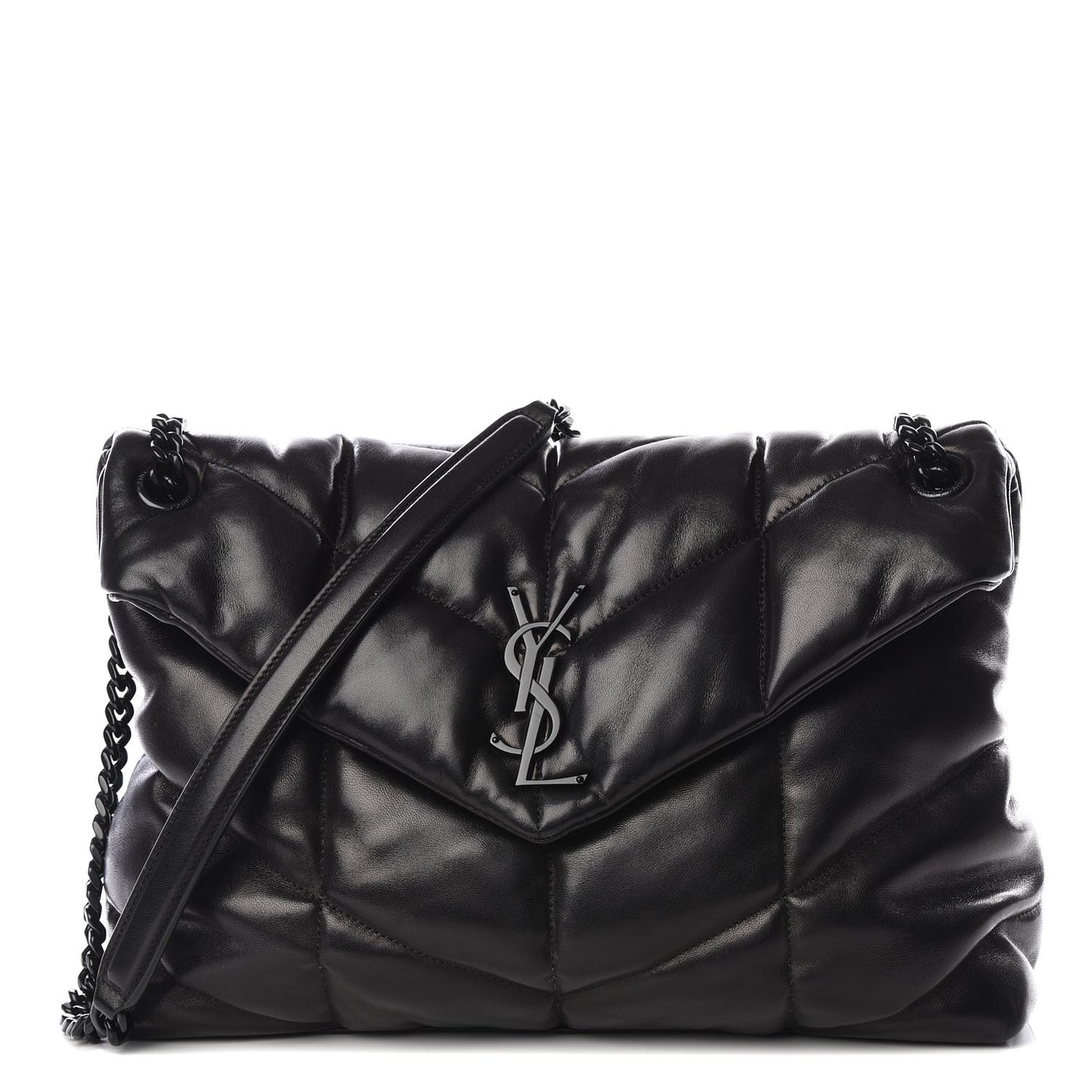 Lambskin Quilted Medium Loulou Puffer Monogram Chain Satchel Black