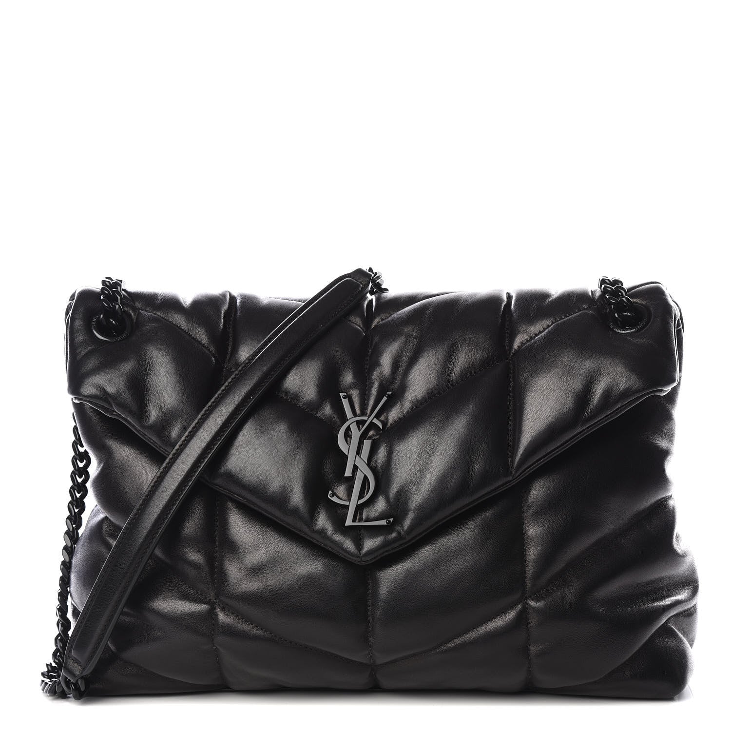 Saint Laurent Lambskin Quilted Medium Loulou Puffer Monogram Chain Satchel Black 1 of 9