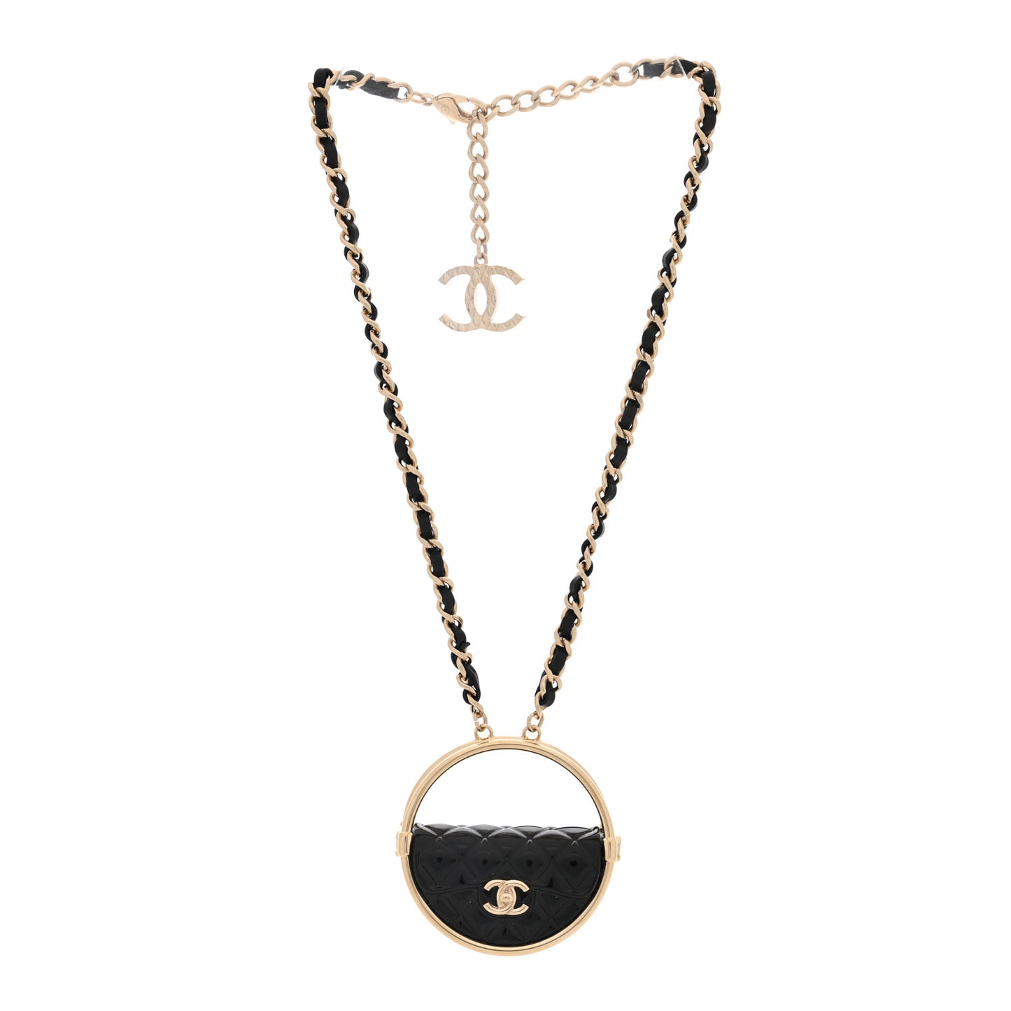 Metal Resin Quilted Flap Bag Hoop Mirror Necklace Black Gold