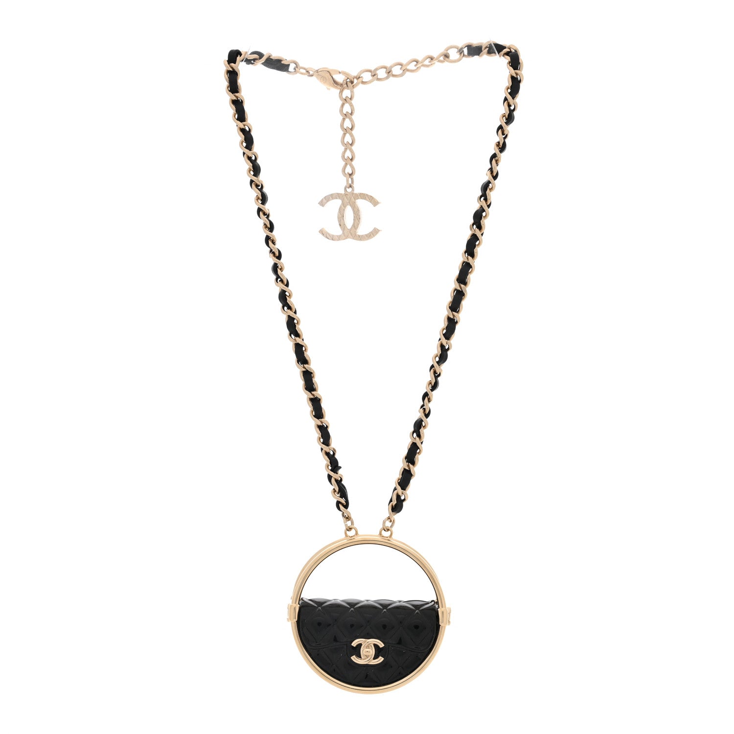 Chanel Metal Resin Quilted Flap Bag Hoop Mirror Necklace Black Gold 2 of 6