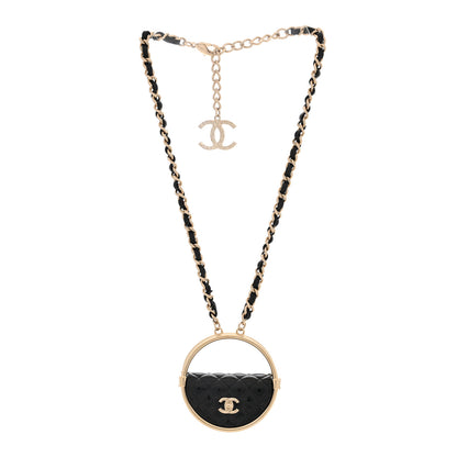 Chanel Metal Resin Quilted Flap Bag Hoop Mirror Necklace Black Gold 2 of 6