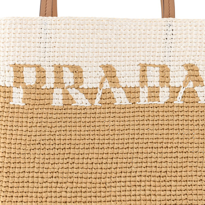 Prada Yarn Raffia Effect Crochet Vitello Logo Small Shopping Tote Naturale White 8 of 11