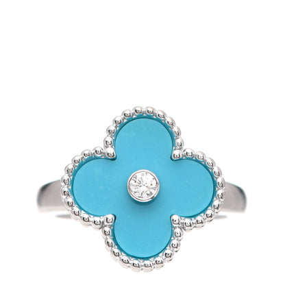Van Cleef & Arpels 18K White Gold Diamond Turquoise Vintage Alhambra Ring 51 5.75 1 of 4