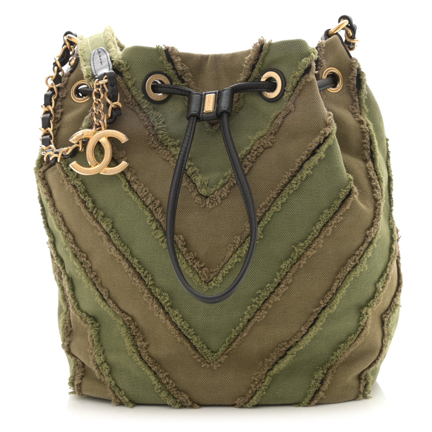 Canvas Chevron Cuba Patchwork Bucket Bag Khaki