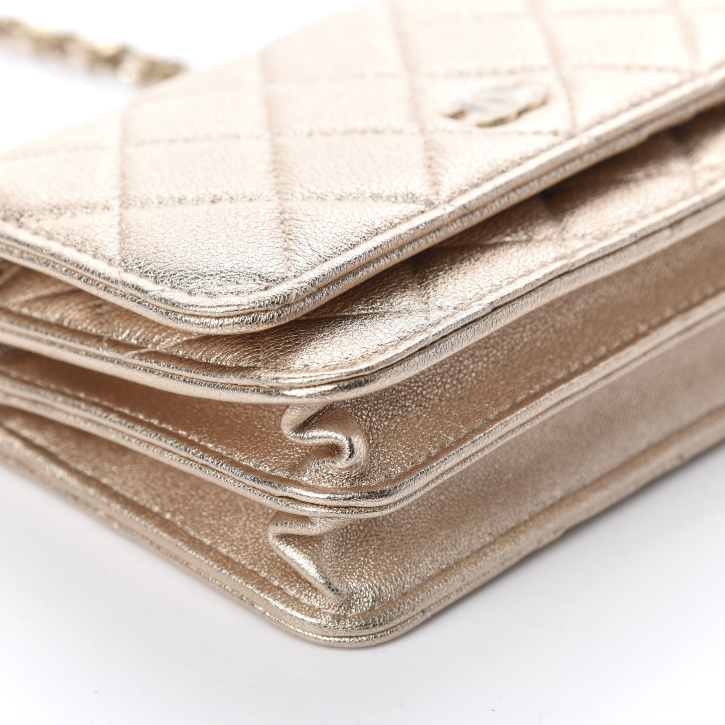 Metallic Lambskin Quilted Mini Wallet On Chain WOC Gold