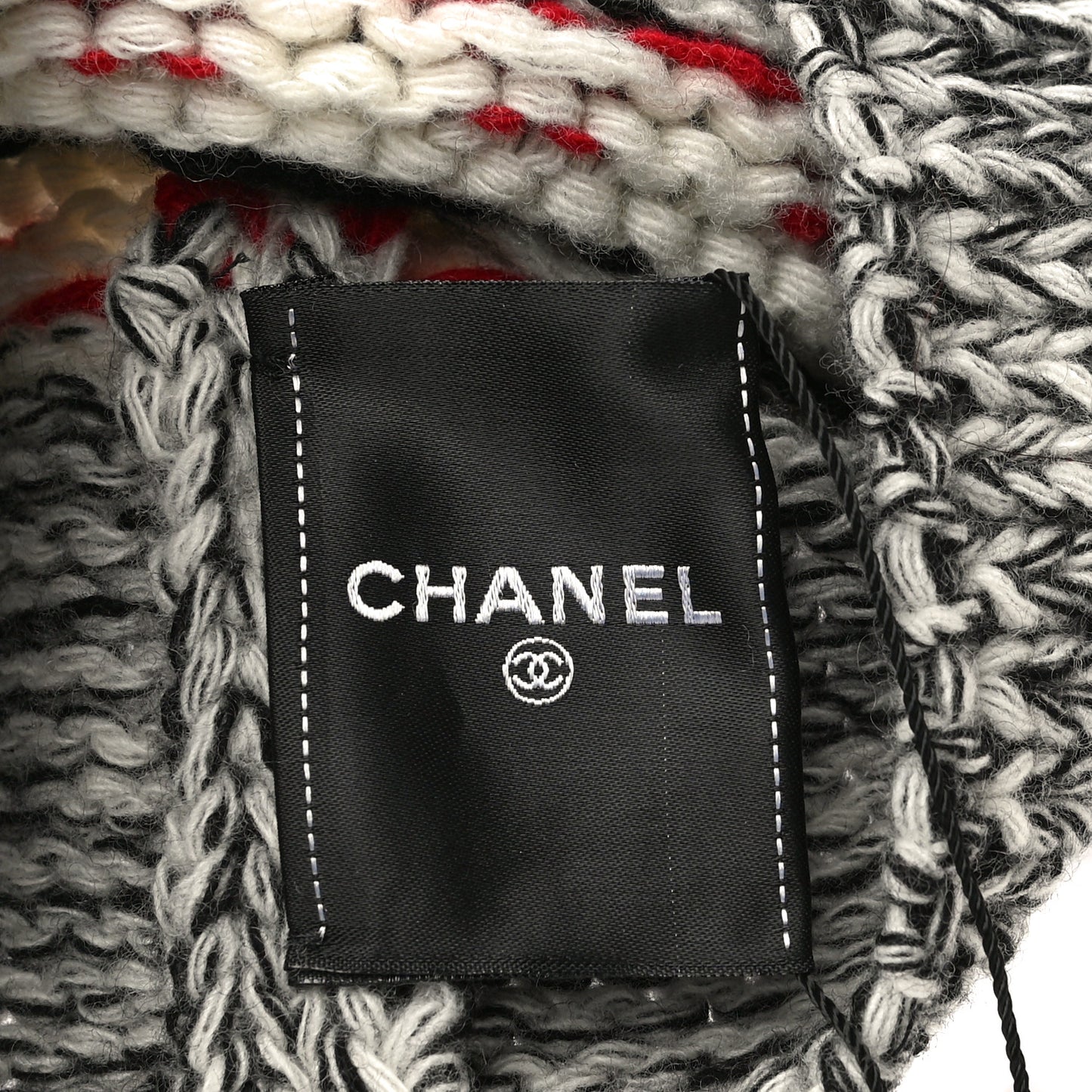 Wool Shearling CC Beanie Hat Ivory Black Red