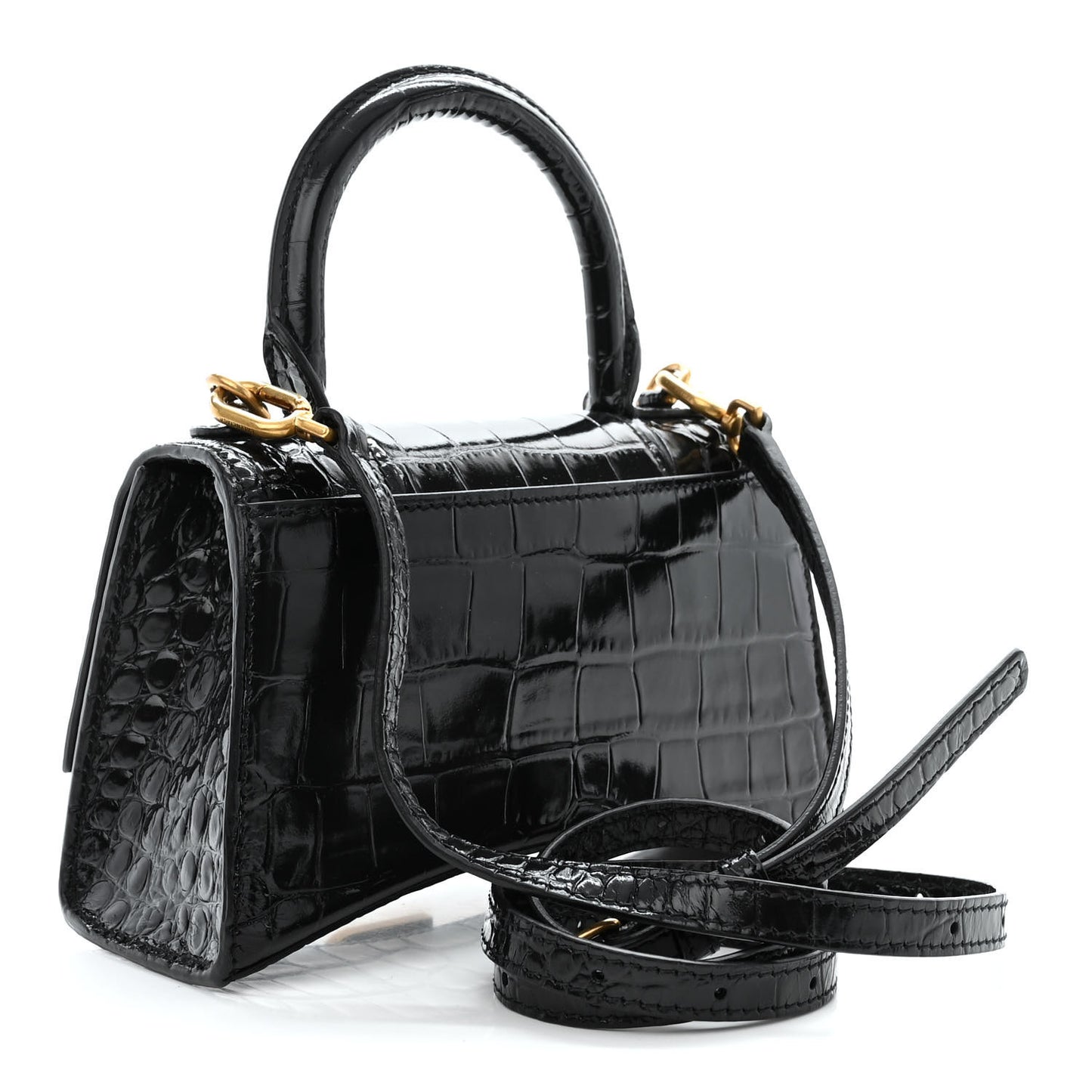 Shiny Calfskin Crocodile Embossed Hourglass Top Handle Bag XS Black