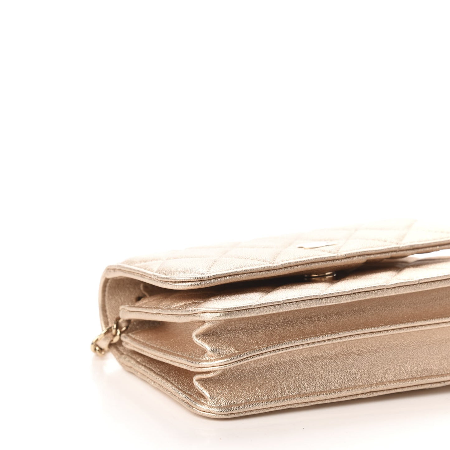 Metallic Lambskin Quilted Mini Wallet On Chain WOC Gold