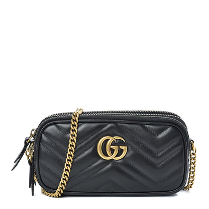 Gucci Calfskin Matelasse Mini GG Marmont Chain Crossbody Bag Black 1 of 13