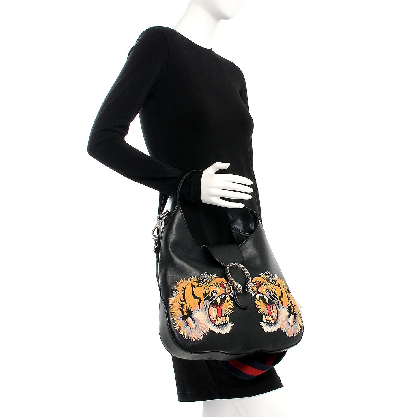 Calfskin Web Tiger Embroidered Medium Dionysus Hobo Black