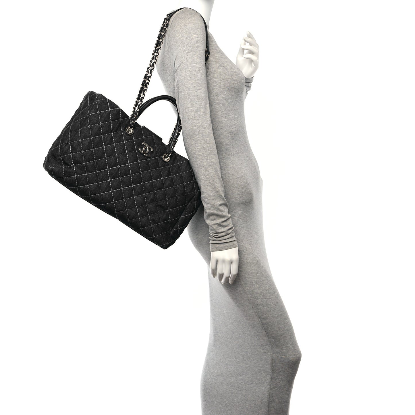 Denim Quilted Large Coco Handle Shopping Tote Blue