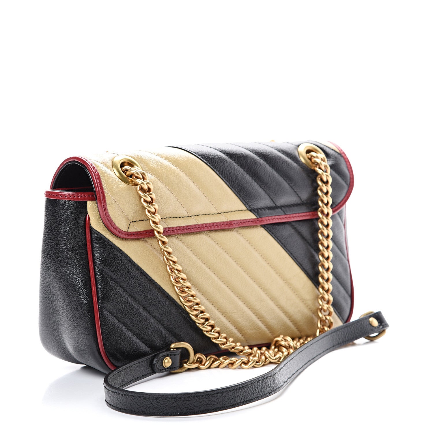 Gucci Vintage Effect Calfskin Matelasse Diagonal Striped Small Torchon GG Marmont Shoulder Bag Black Beige 2 of 10