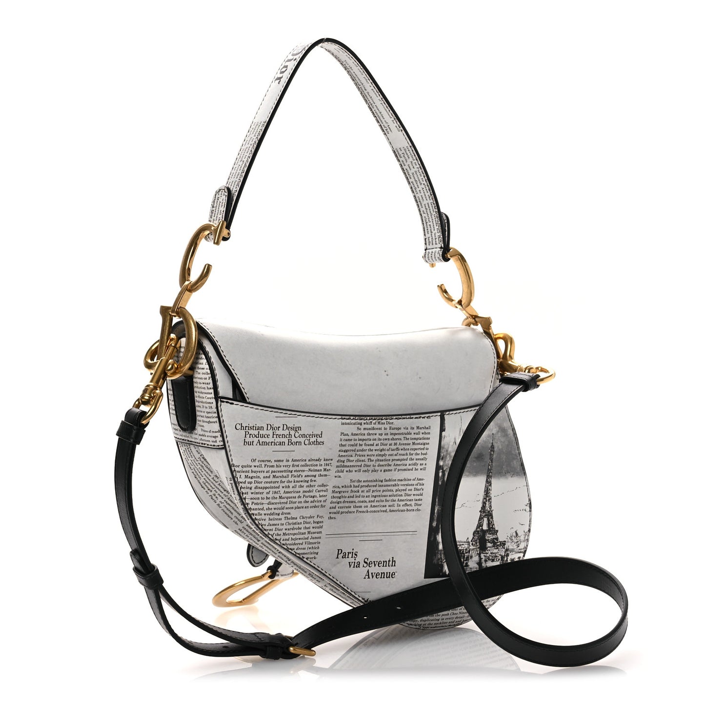 Calfskin Newspaper Printed Saddle Bag With Strap Black White