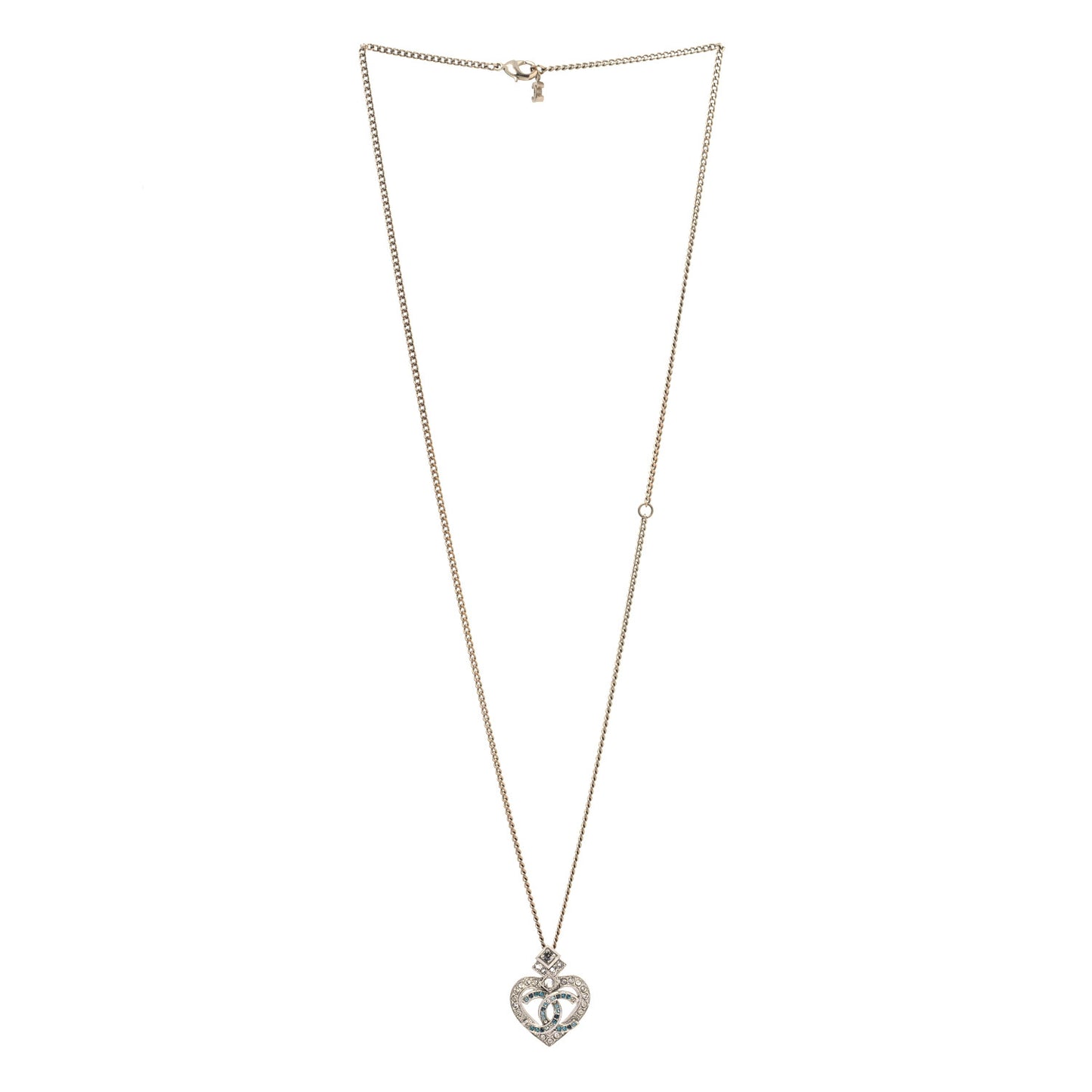 Crystal Heart CC Pendant Necklace Gold Silver Blue