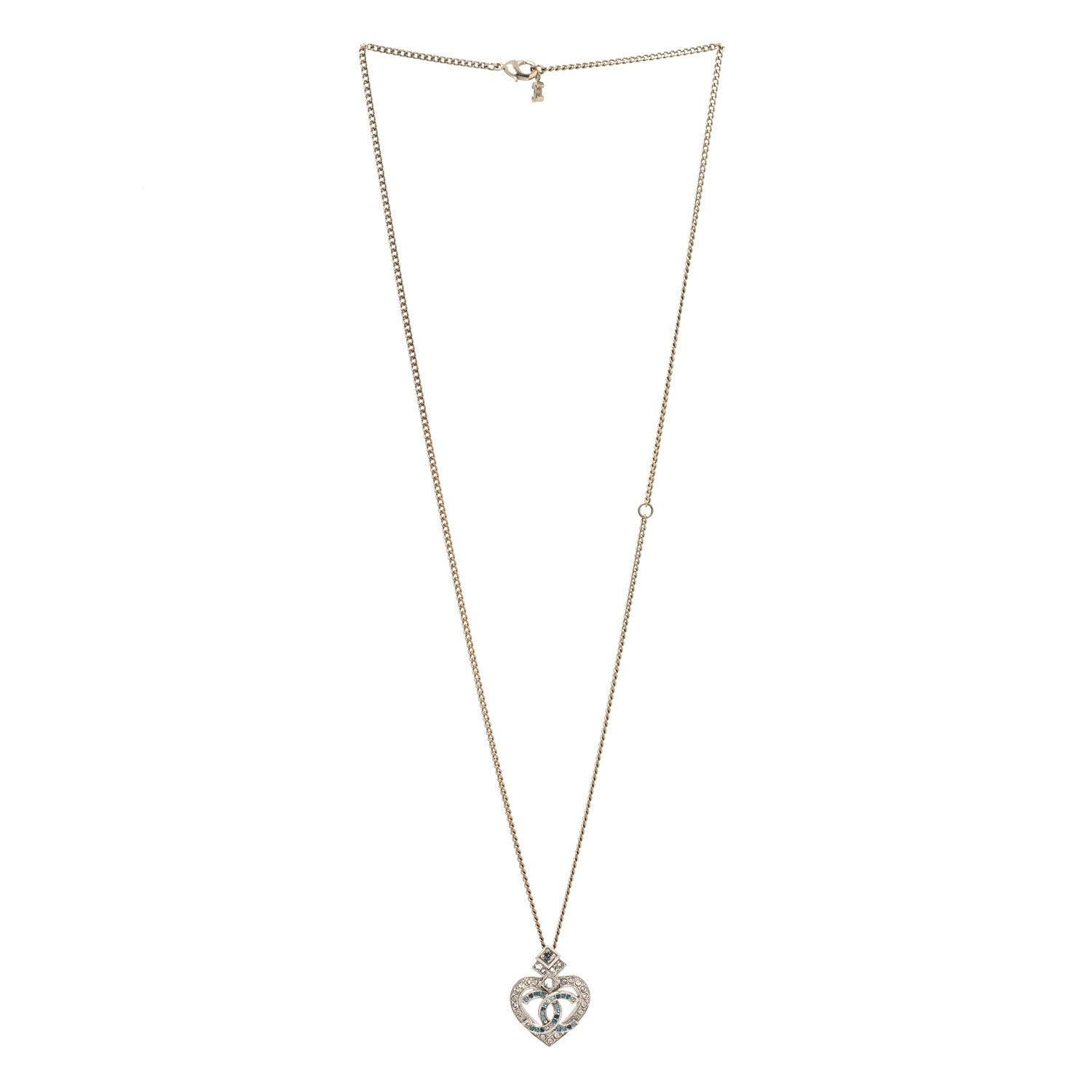 Chanel Crystal Heart CC Pendant Necklace Gold Silver Blue 3 of 6
