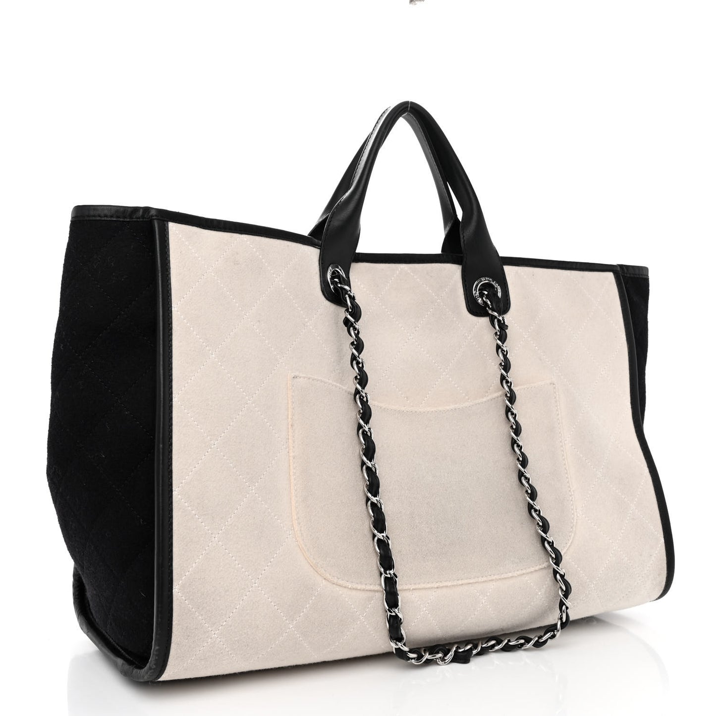 Wool Felt Calfskin Large Deauville Tote White Black