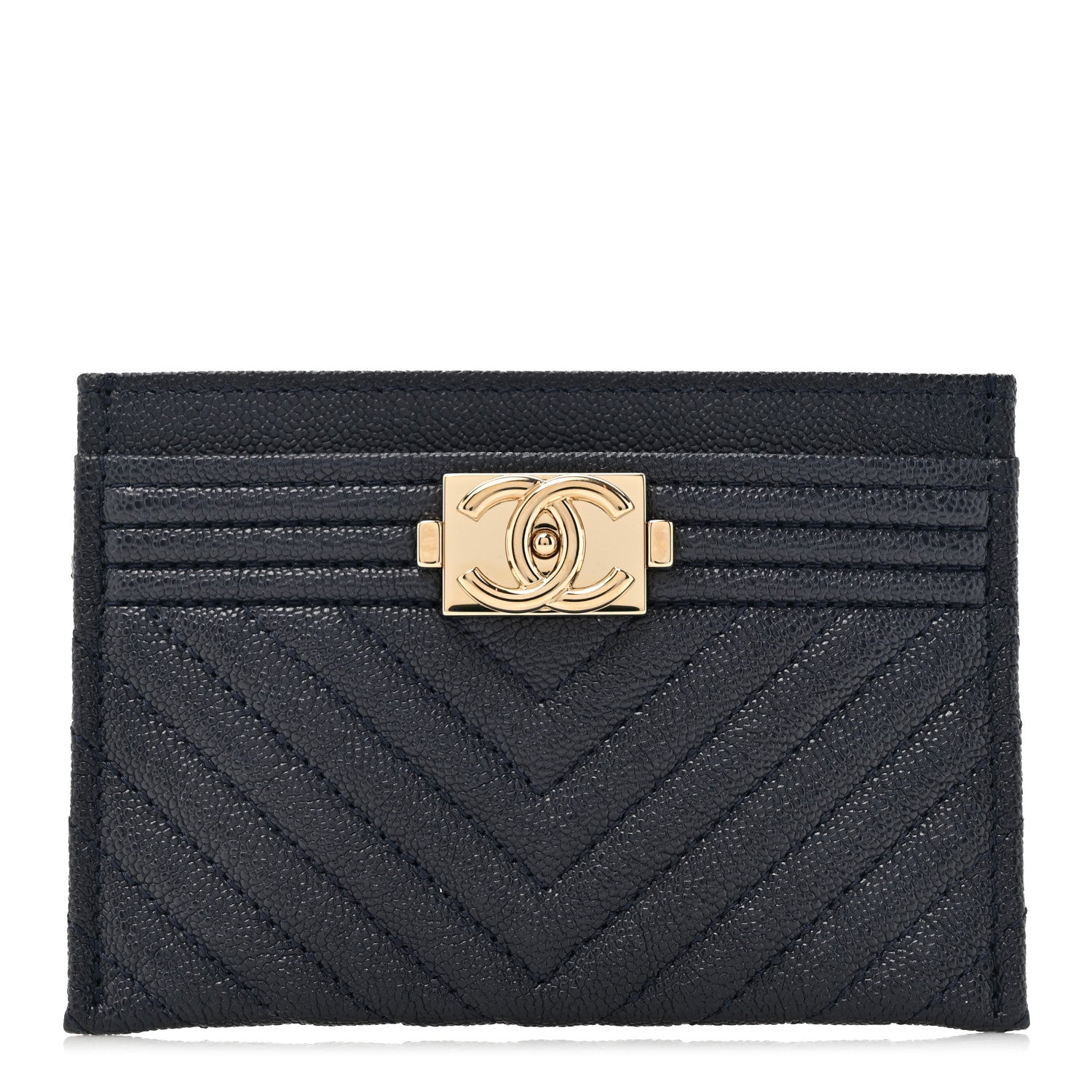 Chanel Caviar Chevron Quilted Boy Card Holder Navy Blue 1 of 9