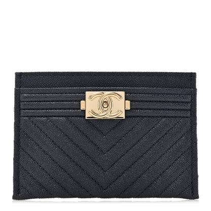 Chanel Caviar Chevron Quilted Boy Card Holder Navy Blue 1 of 9