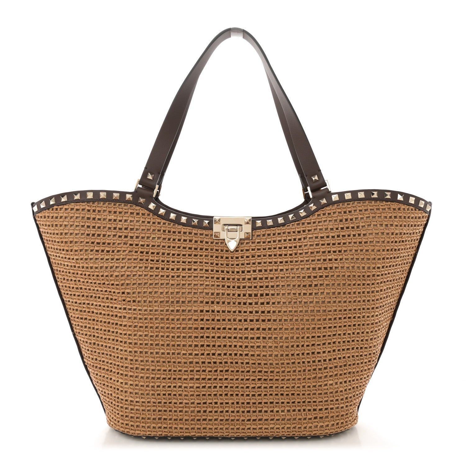 Valentino Garavani Synthetic Raffia Calfskin Rockstud Garden Tote Bag Tobacco Cacao 1 of 9