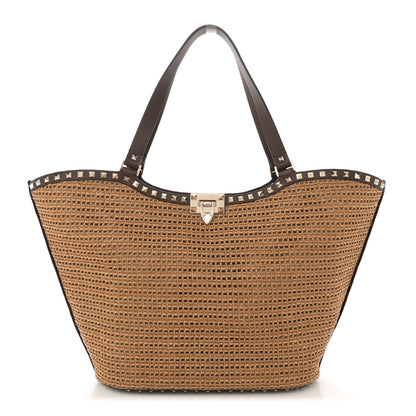Valentino Garavani Synthetic Raffia Calfskin Rockstud Garden Tote Bag Tobacco Cacao 1 of 9
