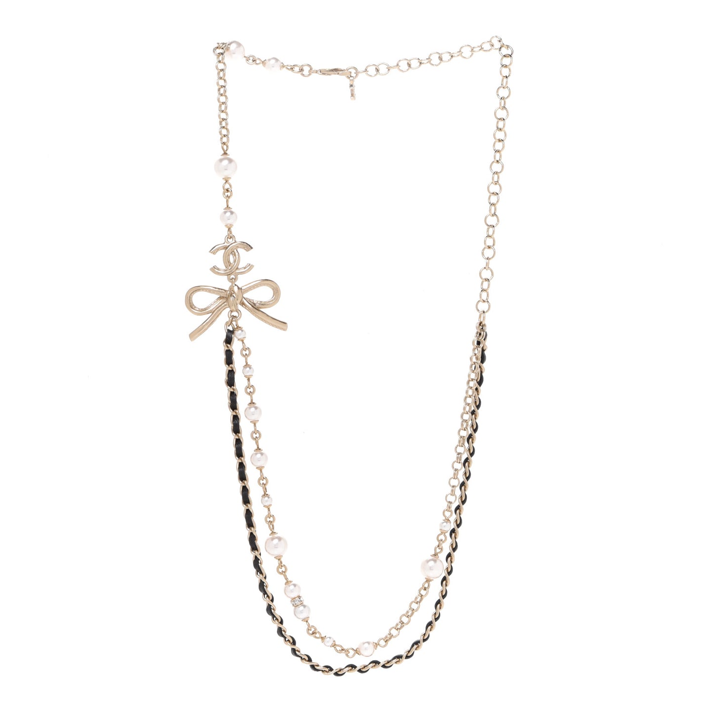 Calfskin Pearl Metal CC Bow Necklace Gold White Black