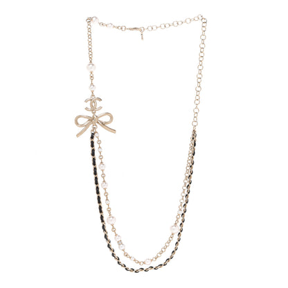 Chanel Calfskin Pearl Metal CC Bow Necklace Gold White Black 3 of 6