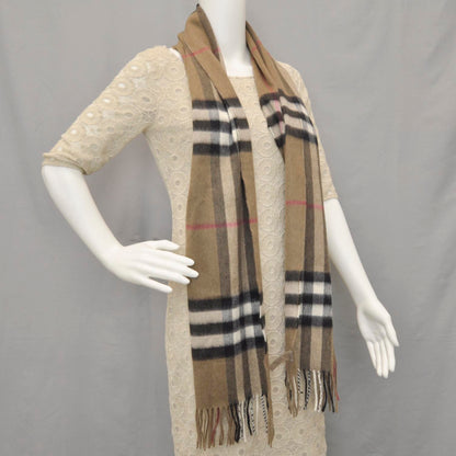 Burberry Cashmere Check Fringe Scarf Camel 2 of 5