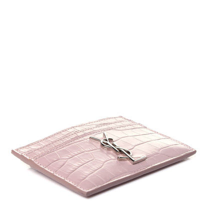 Saint Laurent Calfskin Crocodile Embossed Monogram Card Case Rose Antic 4 of 10