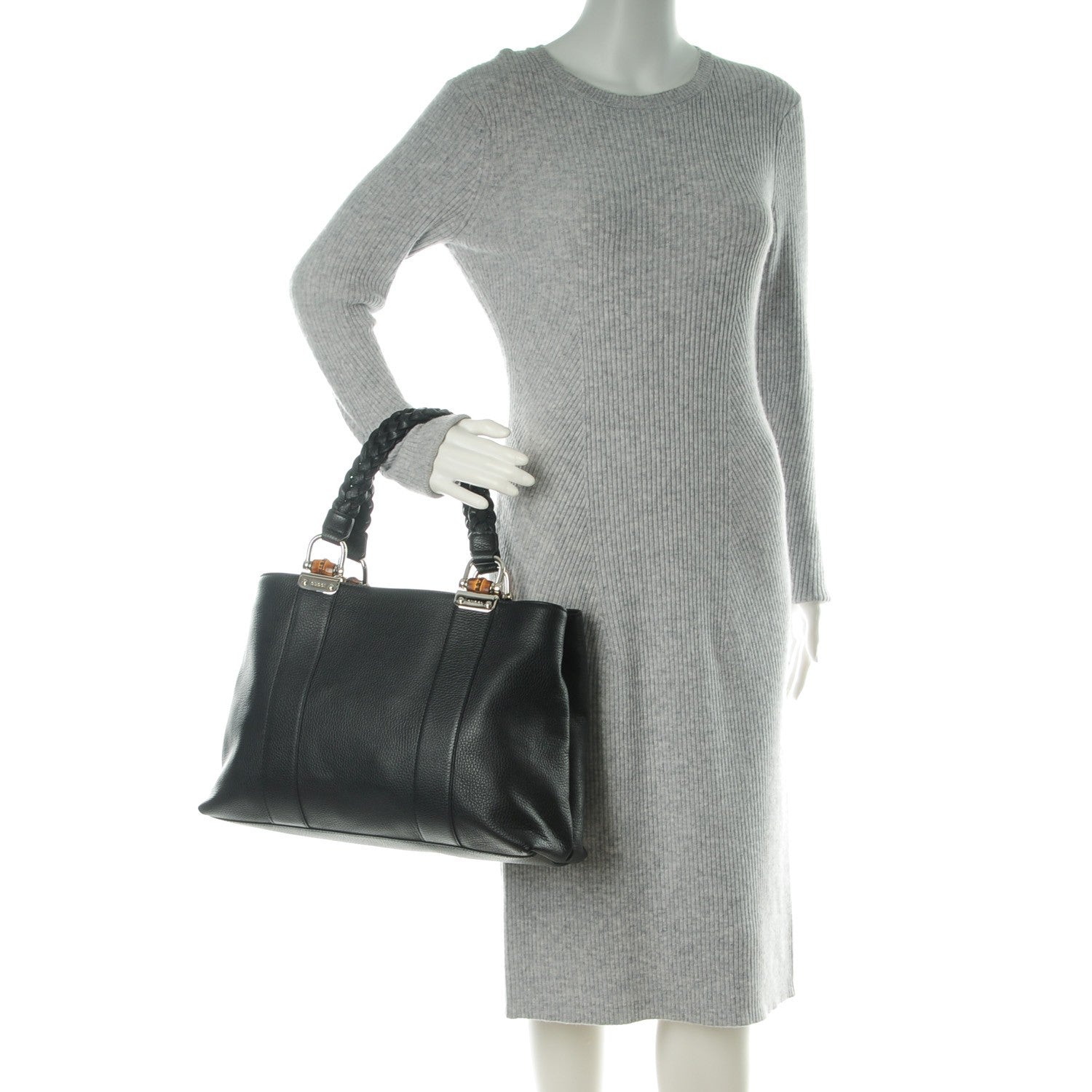 Gucci Pebbled Calfskin Medium Bamboo Bar Tote Black 2 of 7
