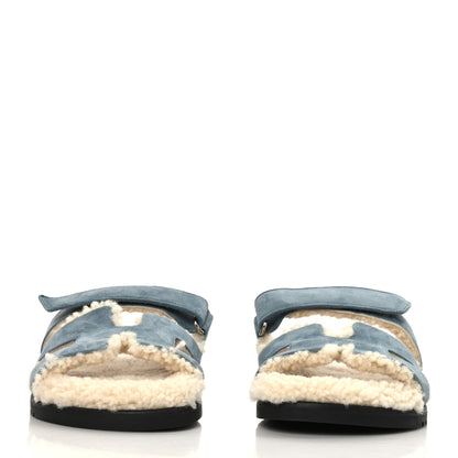 Hermes Suede Goatskin Woolskin Womens Chypre Sandals 38 Bleu Pinede Ecru 5 of 16