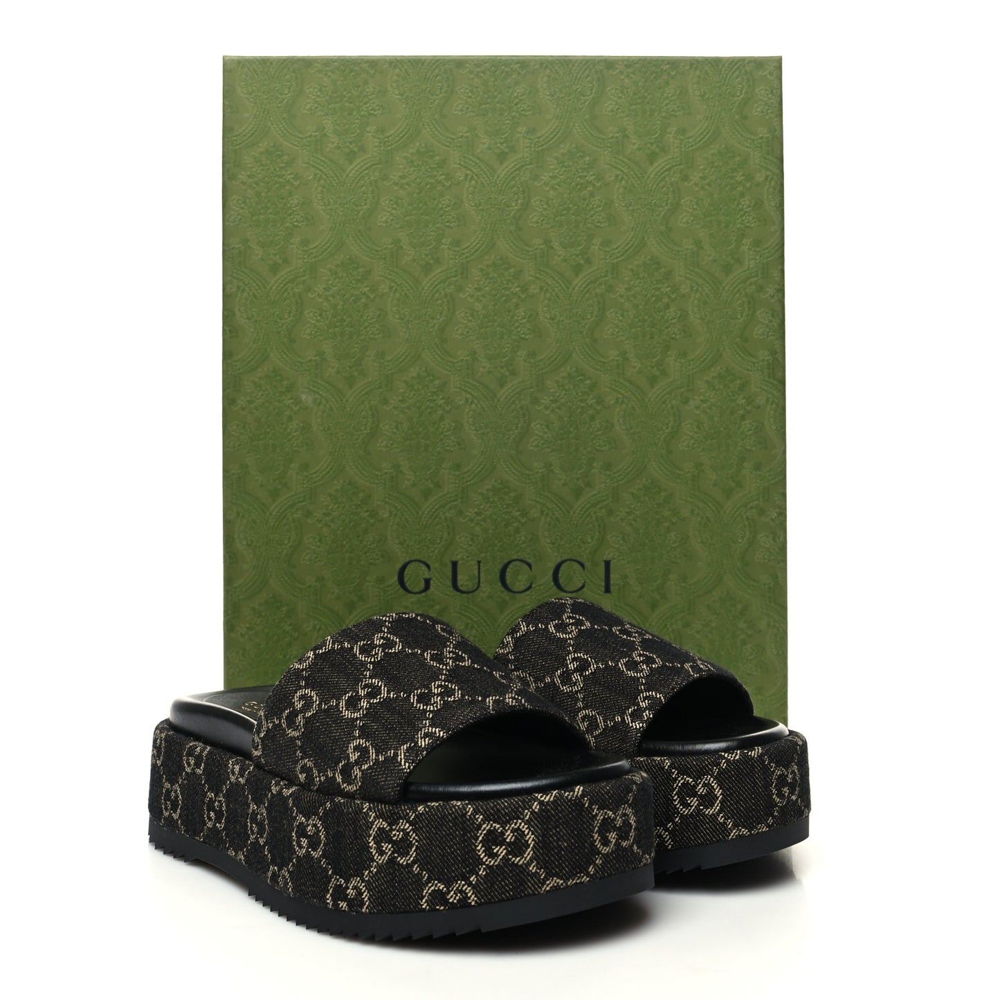 Jacquard Black Denim GG Monogram Angelina Platform 55mm Slide Sandals 35 Black Ivory