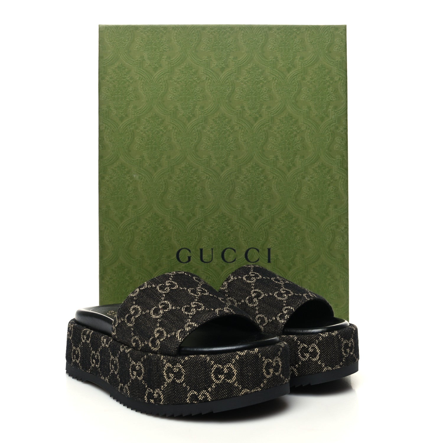 Gucci Jacquard Black Denim GG Monogram Angelina Platform 55mm Slide Sandals 35 Black Ivory 9 of 9