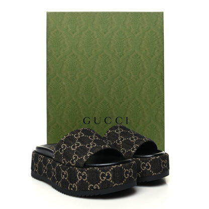 Gucci Jacquard Black Denim GG Monogram Angelina Platform 55mm Slide Sandals 35 Black Ivory 9 of 9