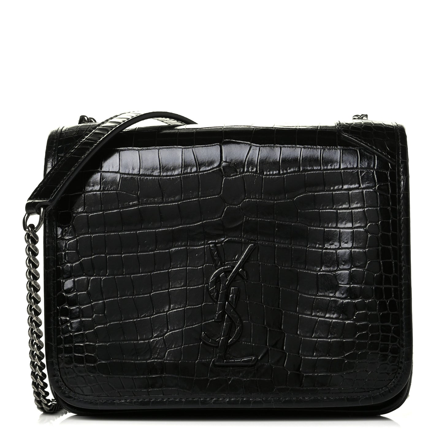 Crocodile Embossed Lambskin Matelasse Monogram Niki Chain Wallet Black