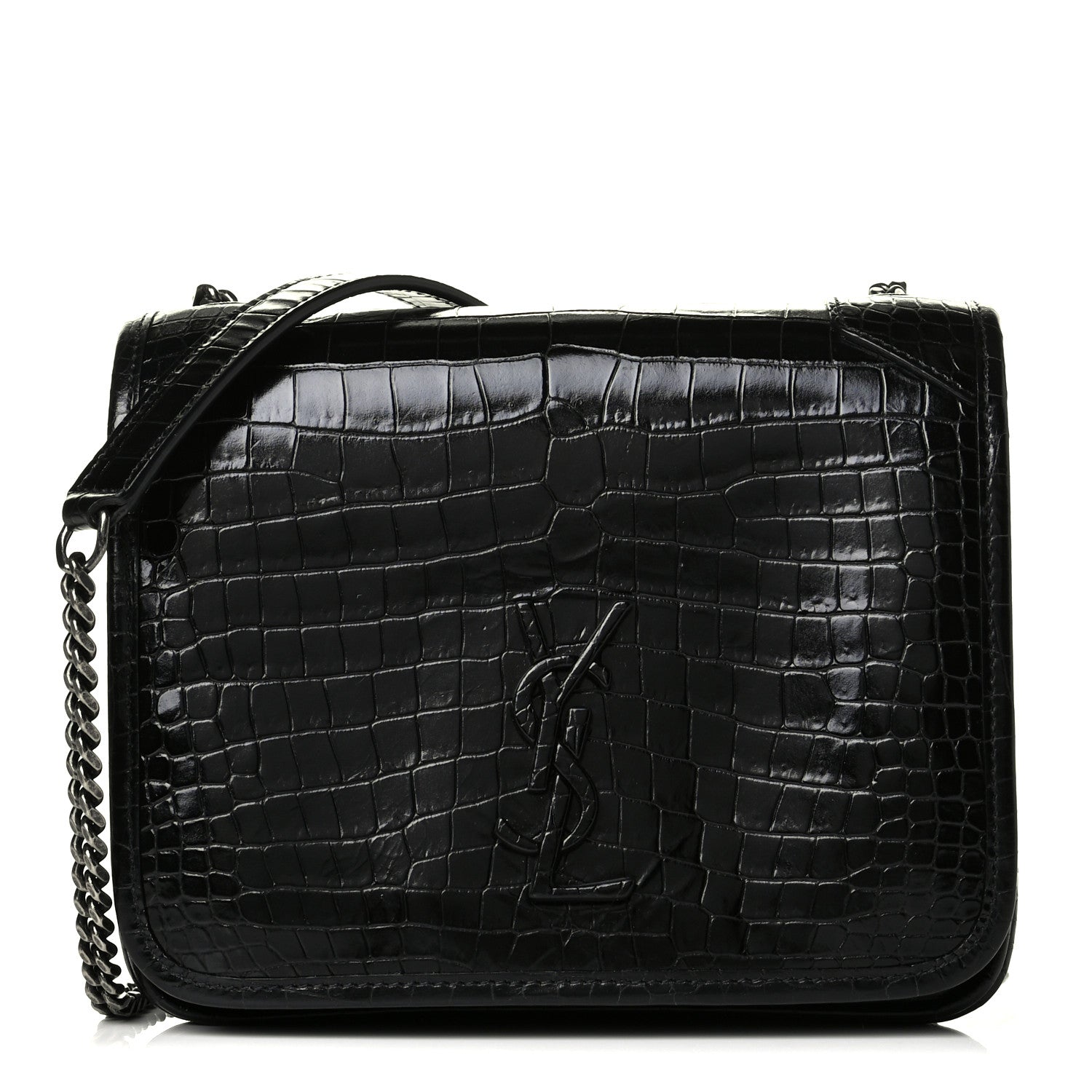 Saint Laurent Crocodile Embossed Lambskin Matelasse Monogram Niki Chain Wallet Black 1 of 6