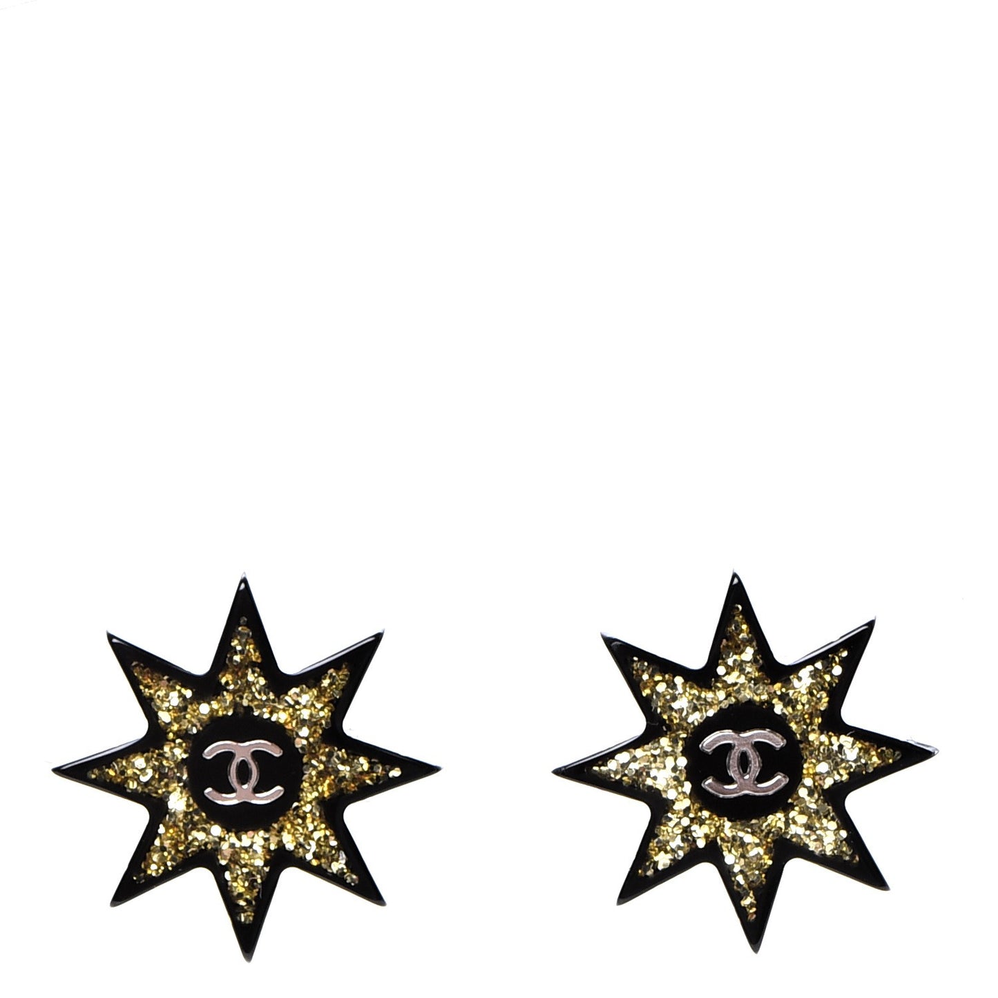 Resin Metal CC Star Earrings Black Gold