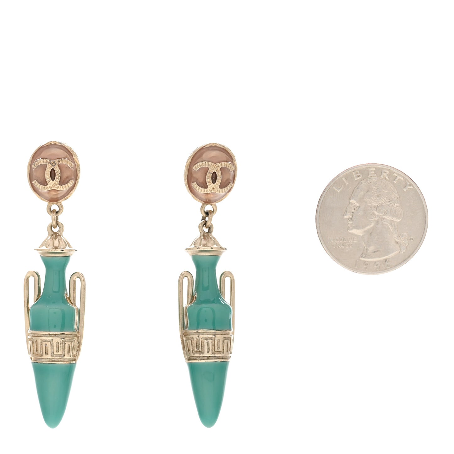 Metal Resin Ancient Greek Urn Drop Earrings Light Gold Turquoise