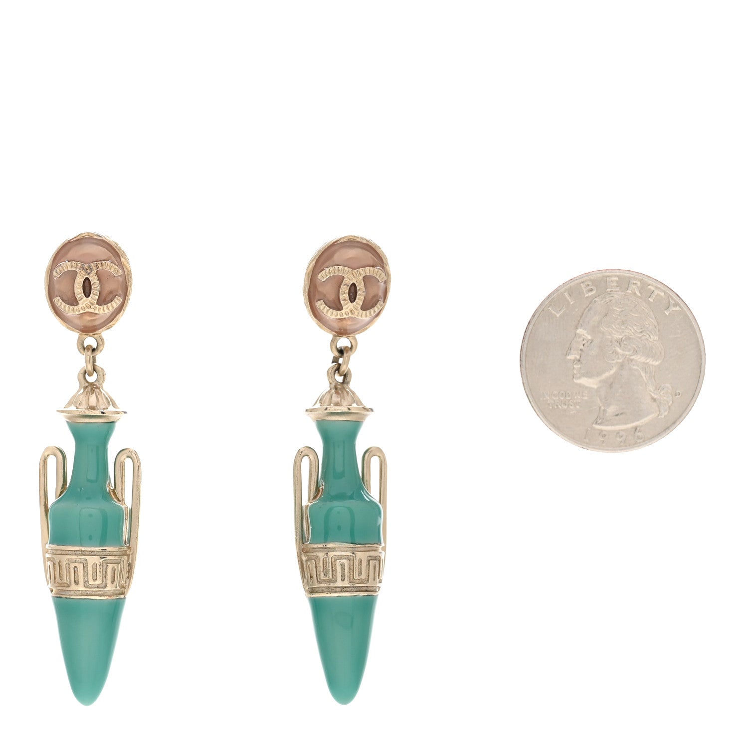 Chanel Metal Resin Ancient Greek Urn Drop Earrings Light Gold Turquoise 2 of 5