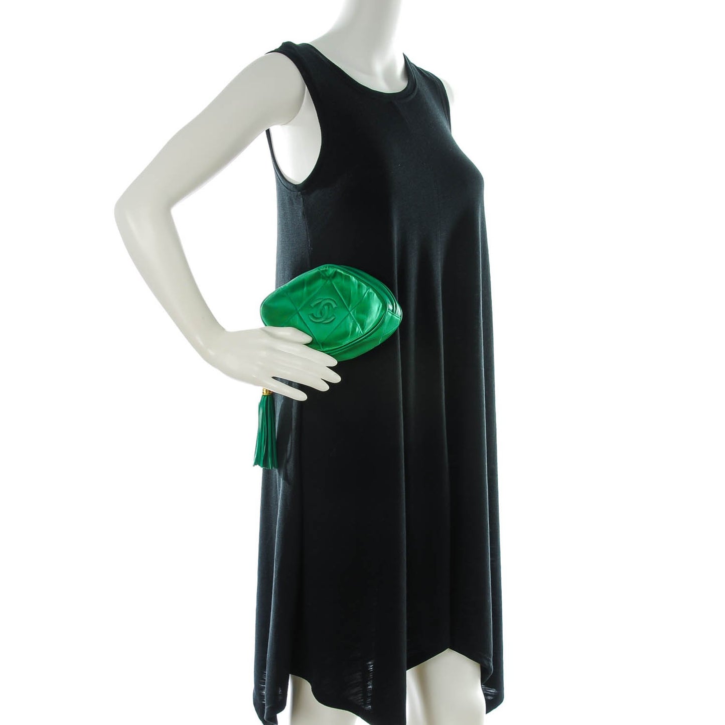 Satin Quilted CC Tassel Clutch Green