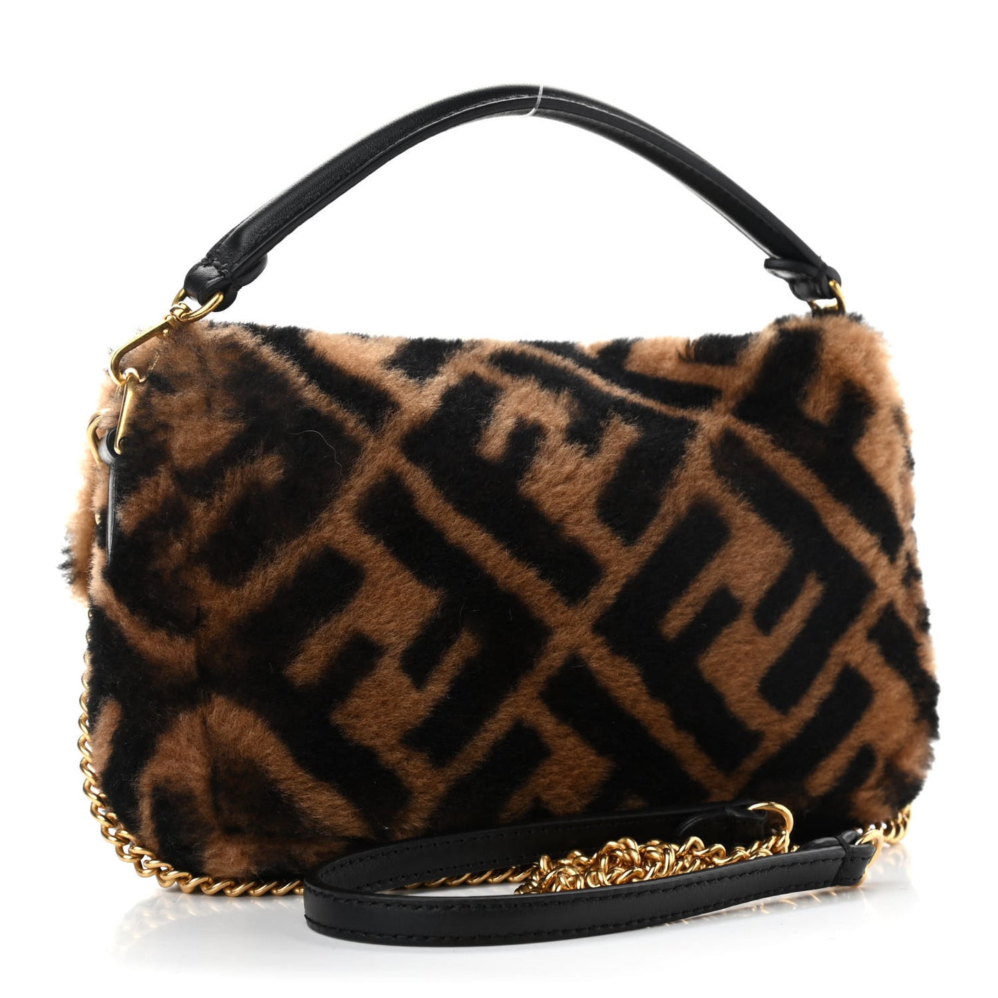 Shearling Vitello Dolce Macro FF 1974 Mini Baguette Tobacco Black