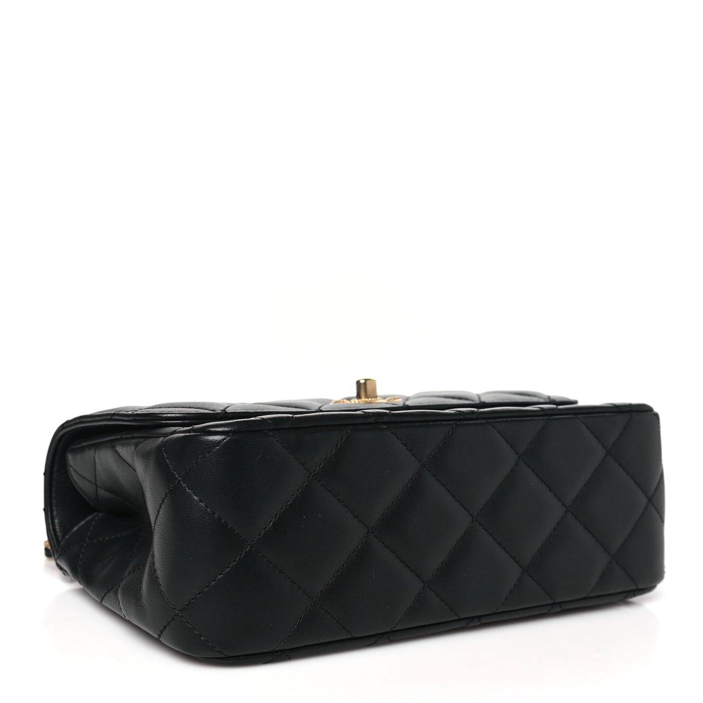 Lambskin Metal Quilted Twist Top Handle Flap With Chain Black