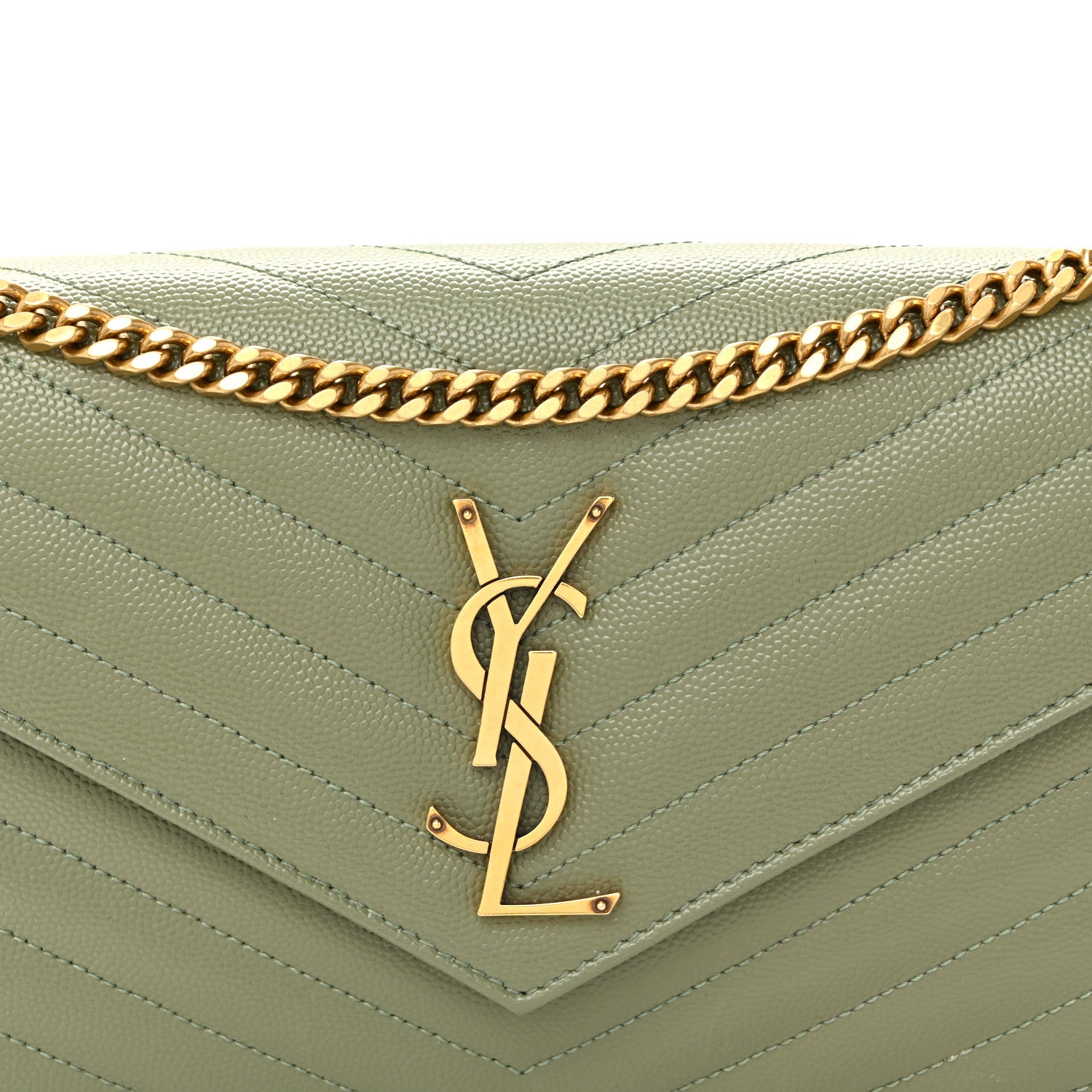 Saint Laurent Grain De Poudre Matelasse Chevron Monogram Chain Wallet Light Sage 7 of 9